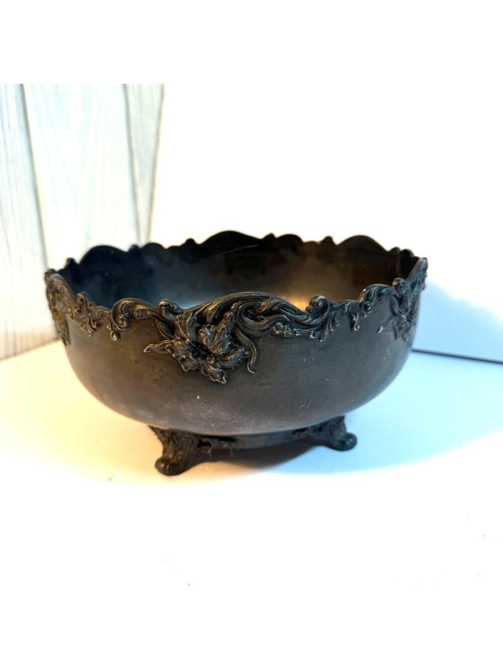 Vintage Ornate Silver Tone Metal Footed Bowl Floral Scroll Centerpiece Patina